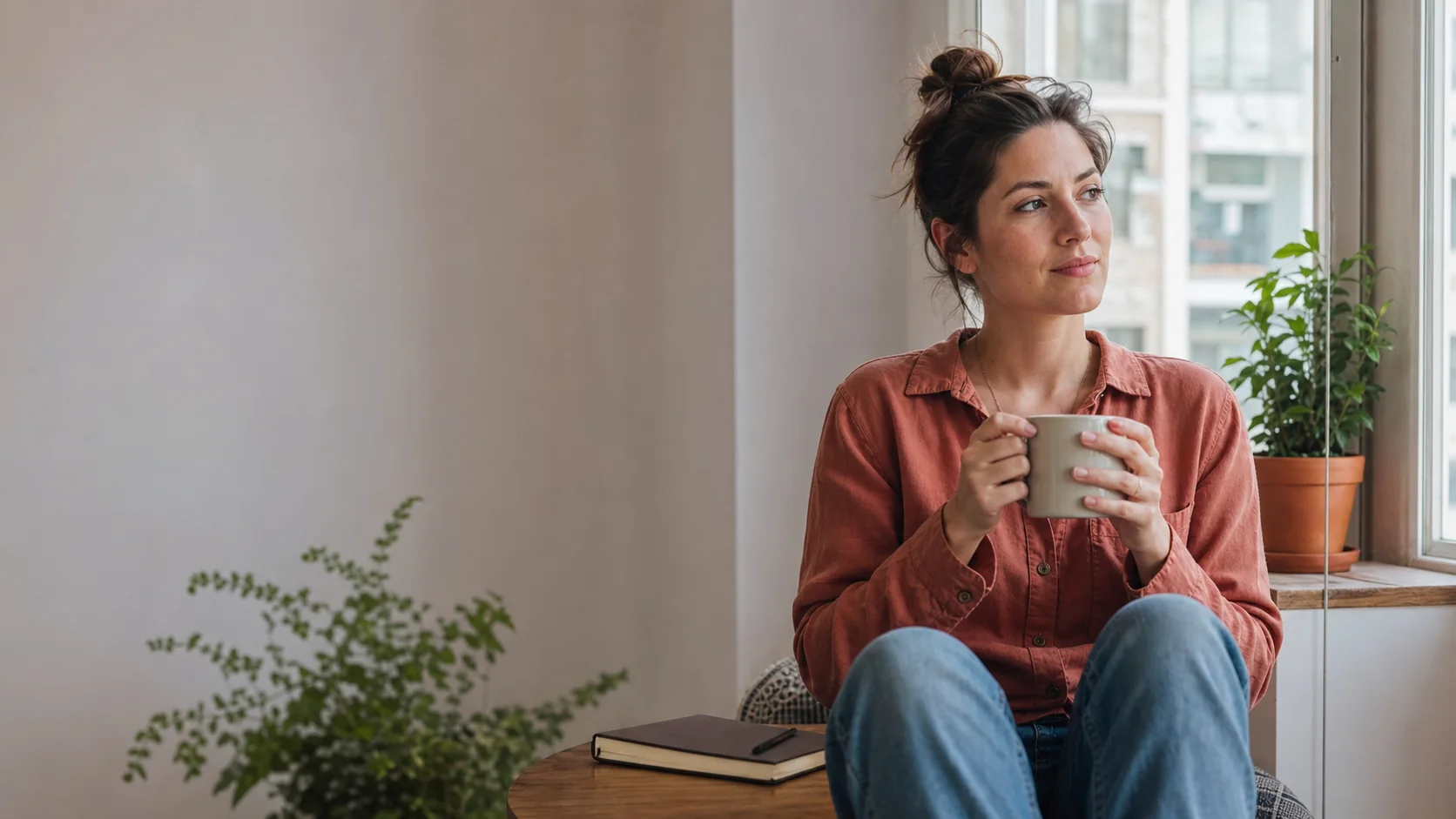 Woman relaxing by a window while thinking about dating again