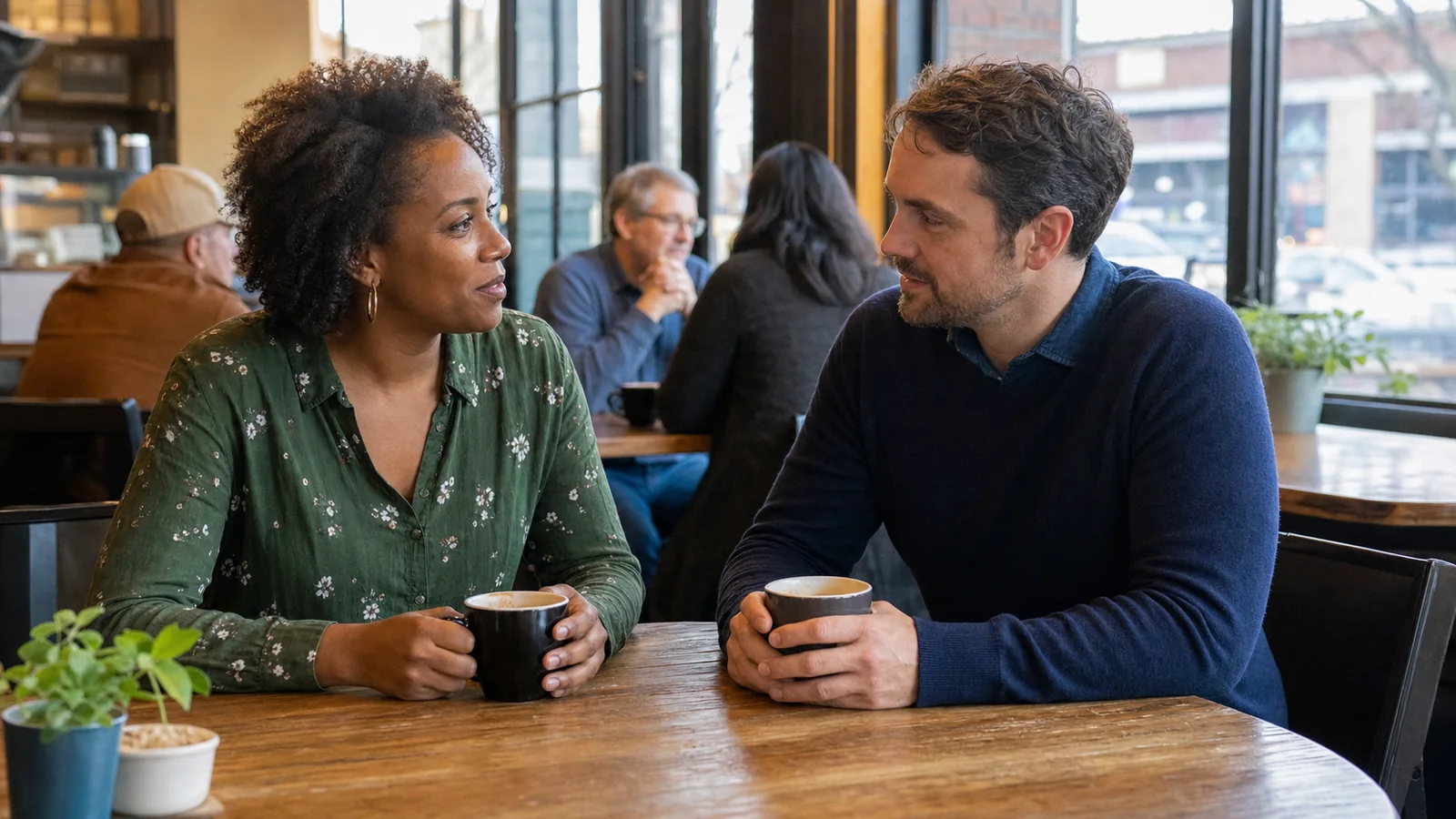 Two adults having a relaxed first coffee date in a neighborhood cafe