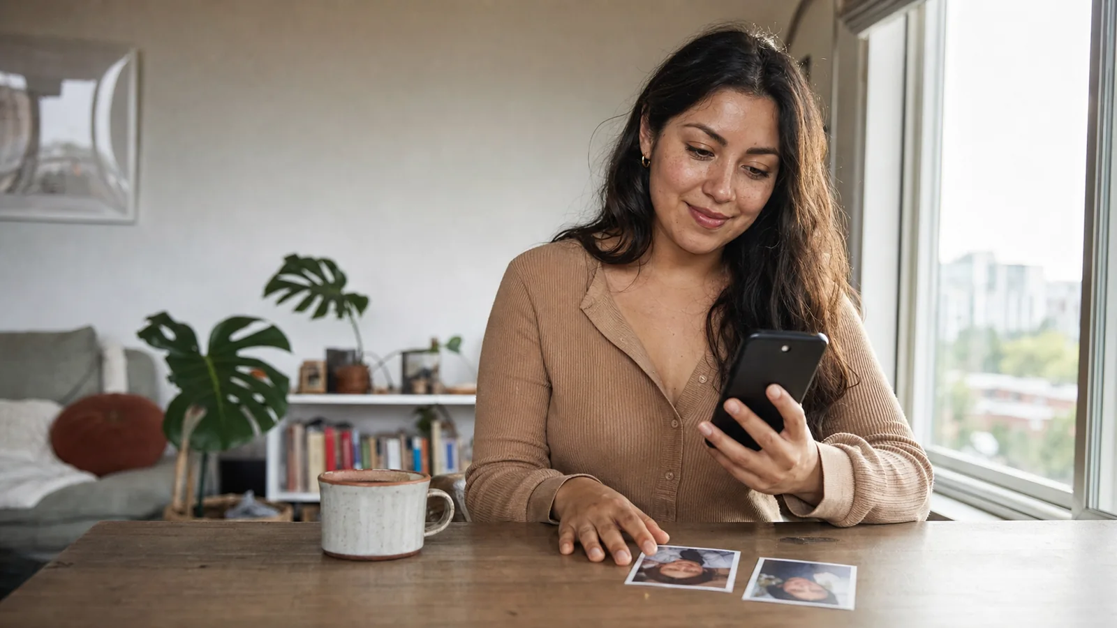 Woman choosing photos while creating a private dating profile at home
