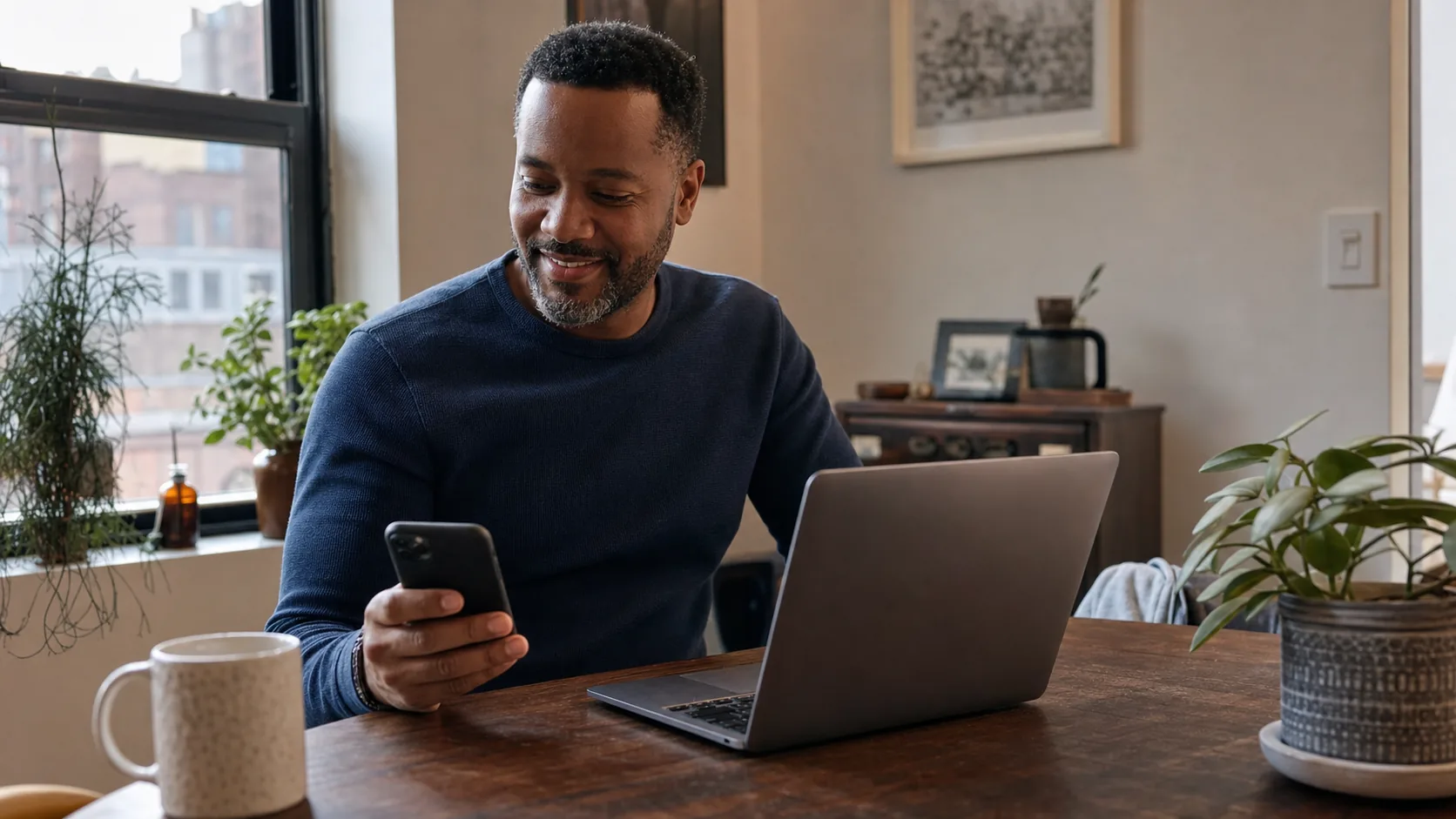 Man reviewing an online dating message privately at home