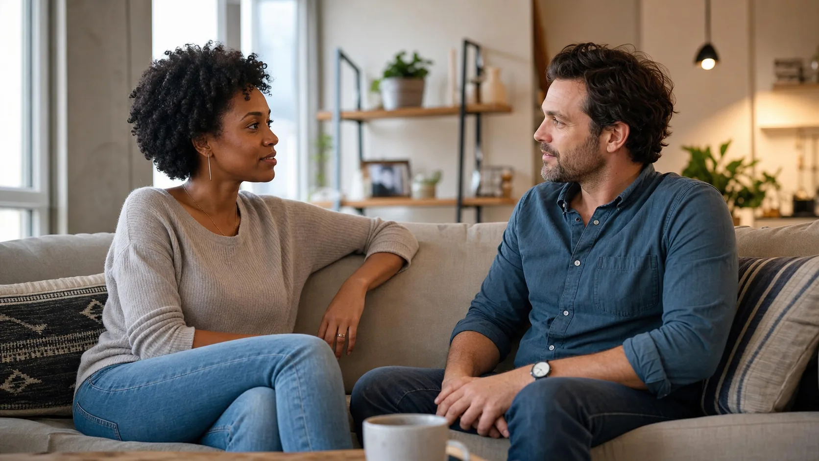 Two adults having a calm and private conversation about trust while dating