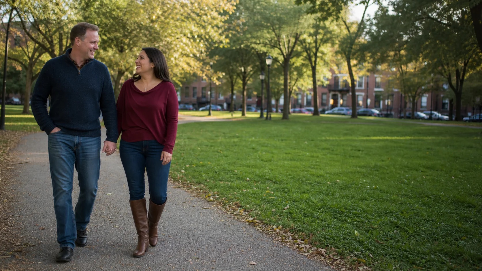 American couple walking together after a date in a city park